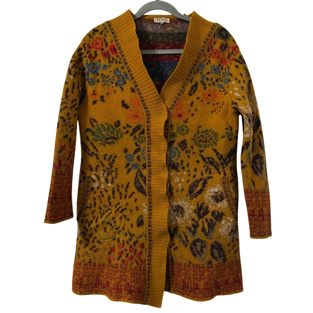 IVKO Floral Golden Cardigan Sweater‎ L Mustard Yellow Rare Motif Boho Grunge